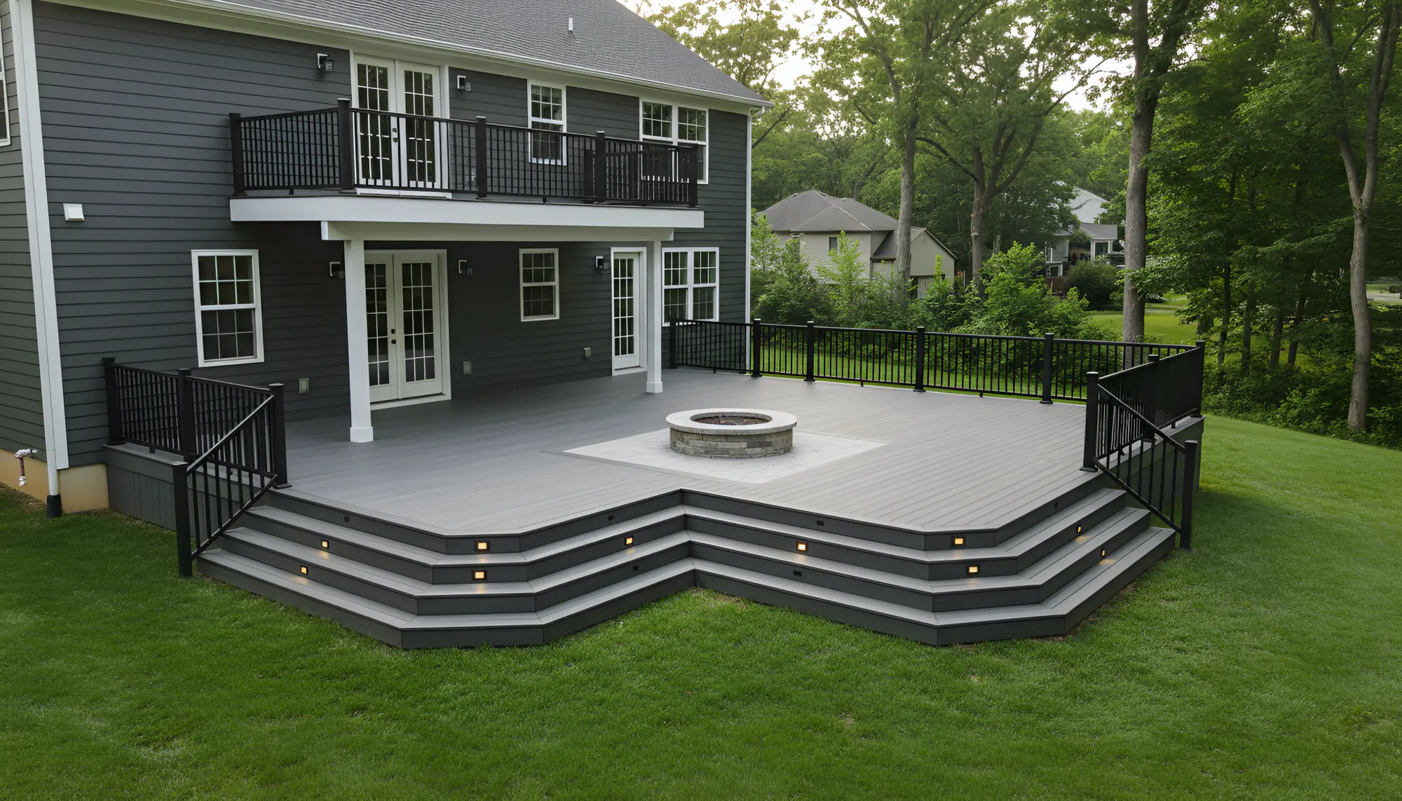 Spacious Gray Composite Deck with Fire Pit Area