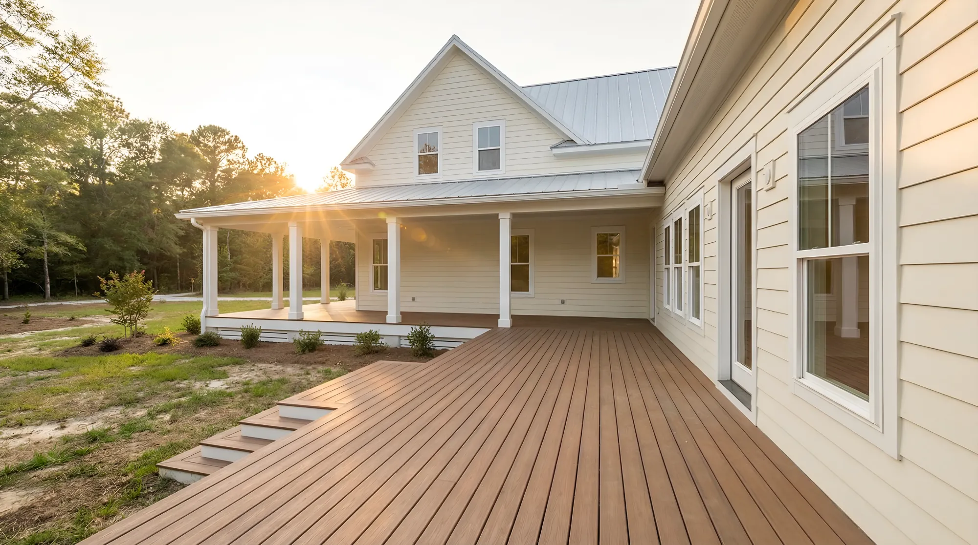 Exquisite Wood Deck with Integrated Lighting and Stone Patio