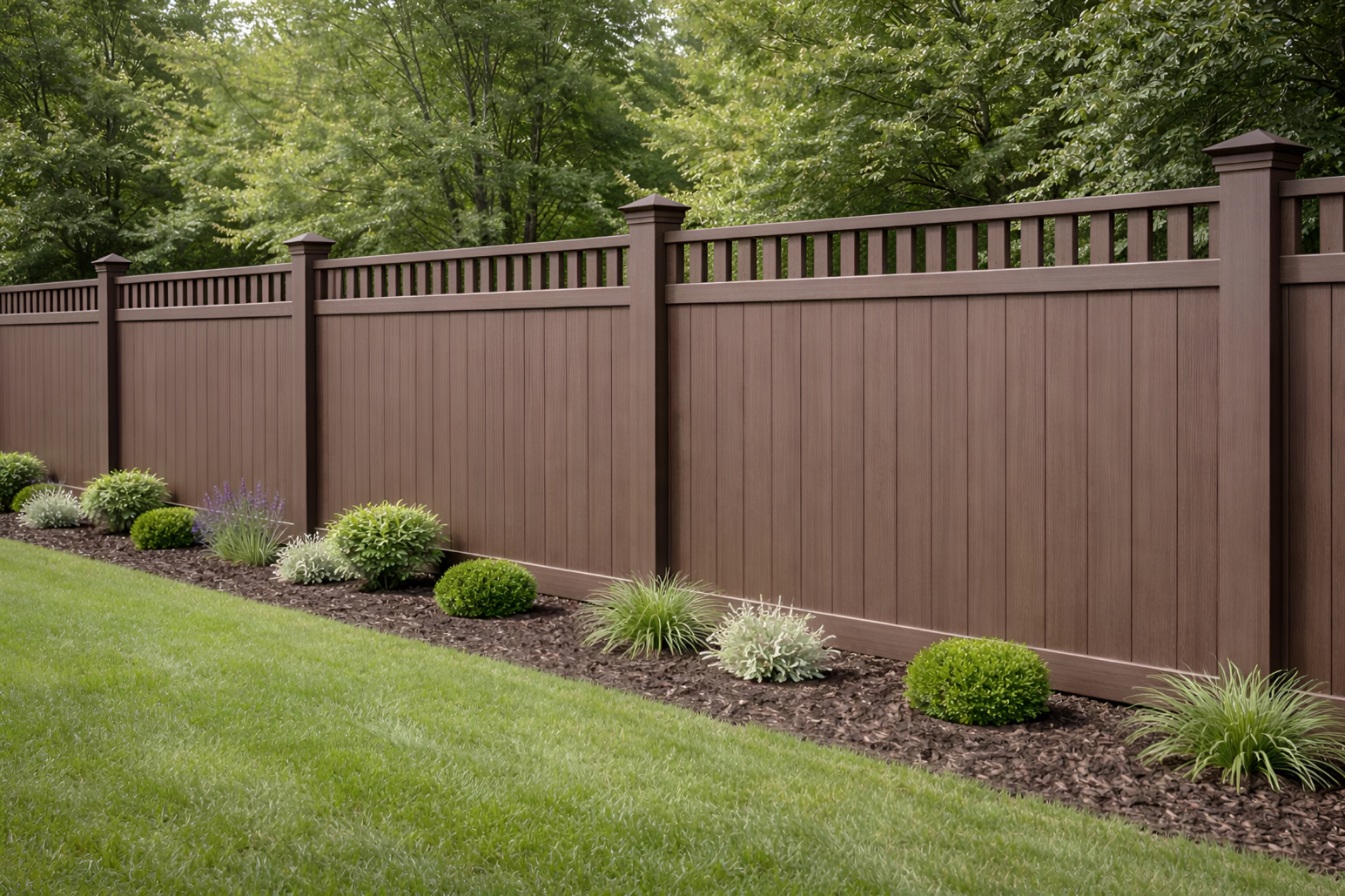 White Vinyl Privacy Fence with Decorative Lattice and Stone Landscaping